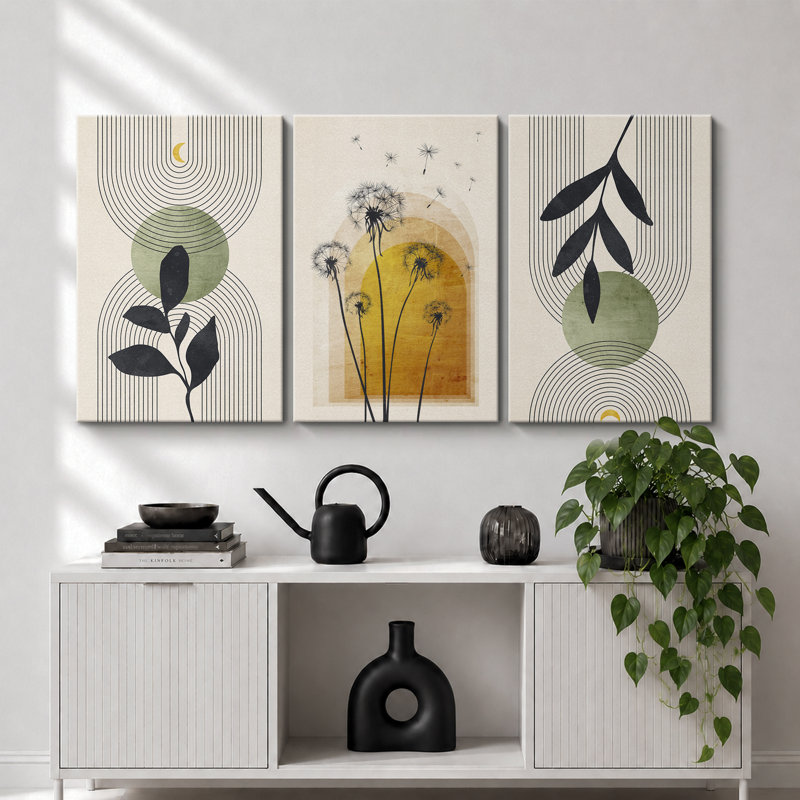 Illustration de pissenlit abstraite de style Mid-Century moderne bohème, images murales de salon moderne et chic, impression sur toile encadrée, ensemble de 16 pièces x 16 po x 3 pièces, 24 po x 36 po x 3 pièces