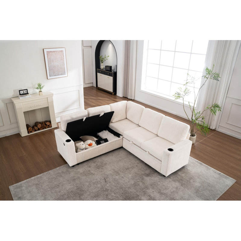Canapé modulaire réversible en forme de L avec USB intégré et rangement, Blanc