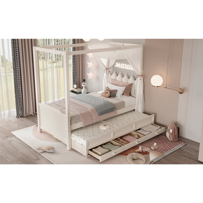 Cadre de lit à baldaquin pour enfants, rangement et assemblage facile Princess, Lit simple, Beige