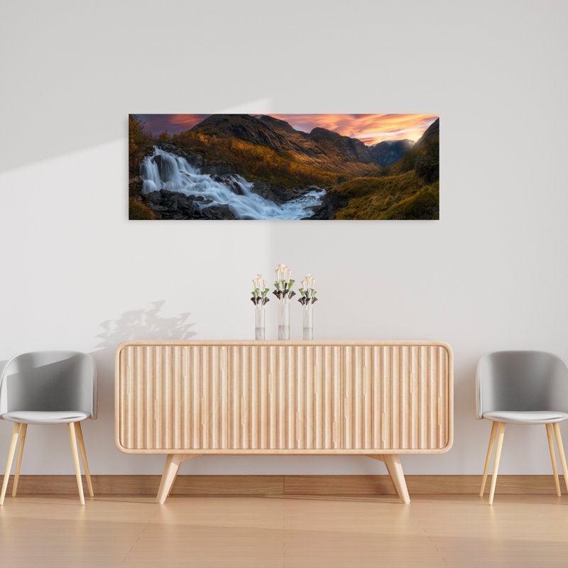 «Golden Autumn Mountain Falls», art dramatique coloré, forêt d'automne, H 16 po x l 48 po
