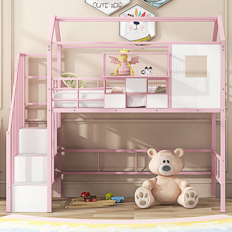 Lit mezzanine en métal avec toit et boîte de rangement, Rose