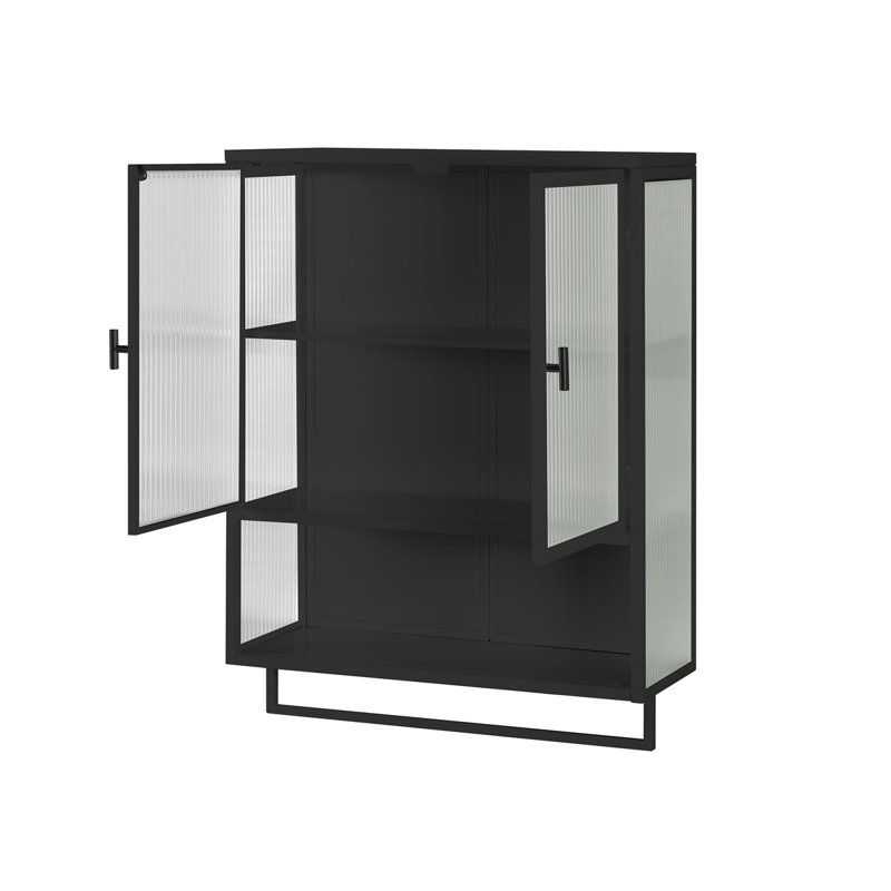 Armoire murale moderne à deux portes de 23,62 po avec deux portes, un rangement fermé à deux niveaux, une tablette ouverte et un porte-serviettes, pour le hall d'entrée, la salle de bain et la salle à manger, noir