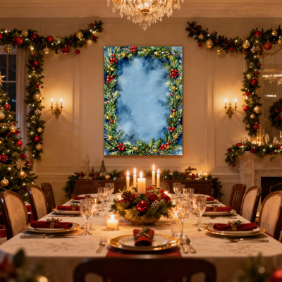 Couronne de Noël avec baies et pin, ensemble de 3 impressions d'art sur toile