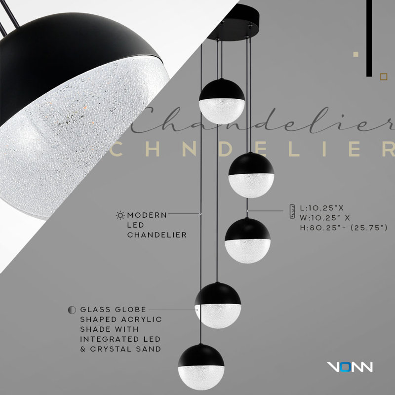 Ravello 5-Light Height Adjustable ETL Certified Integrated LED Chandelier with Globe Shades, Black
