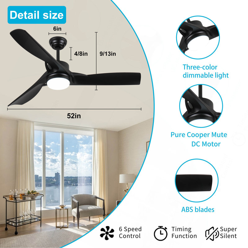 52 Inch Black Ceiling Fan With Light