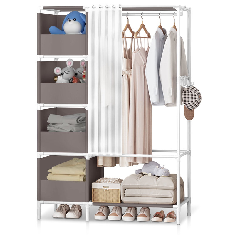 Armoire portative robuste, garde-robe autoportante semi-ouverte avec 4 tiroirs de rangement et rideau, gris, Gris