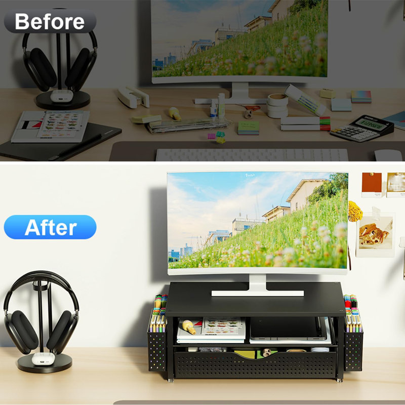 Organisateur de bureau et accessoires, support pour écran d'ordinateur avec tiroir et 2 porte-stylos