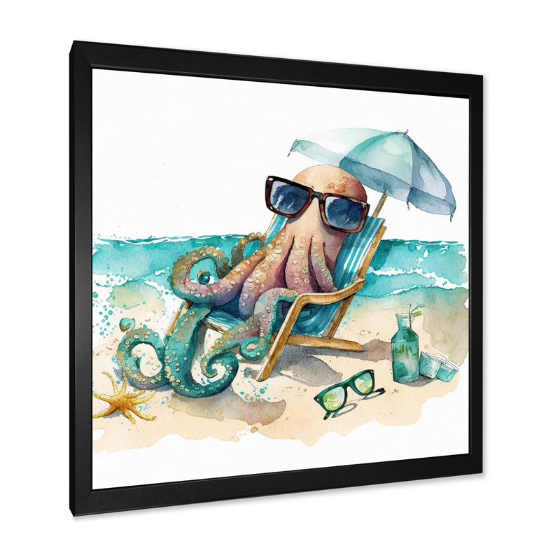 Pieuvre sur la plage I - décoration murale bord de mer, Cadre photo noir, H 30 po x l 30 po