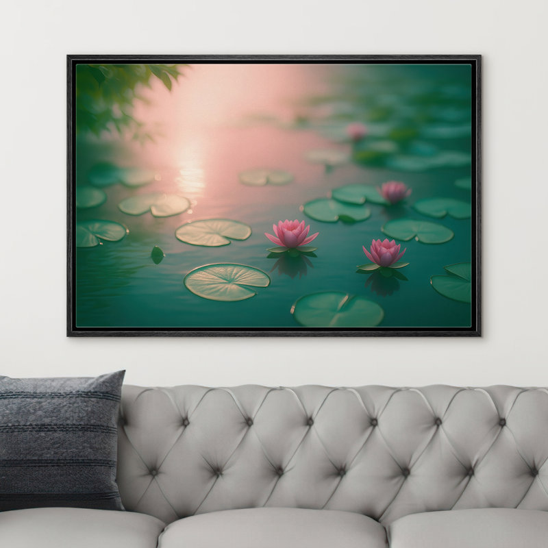 Doux étang de lotus rose au coucher du soleil, reproduction d'art sur toile encadrée dans la chambre principale, Noir