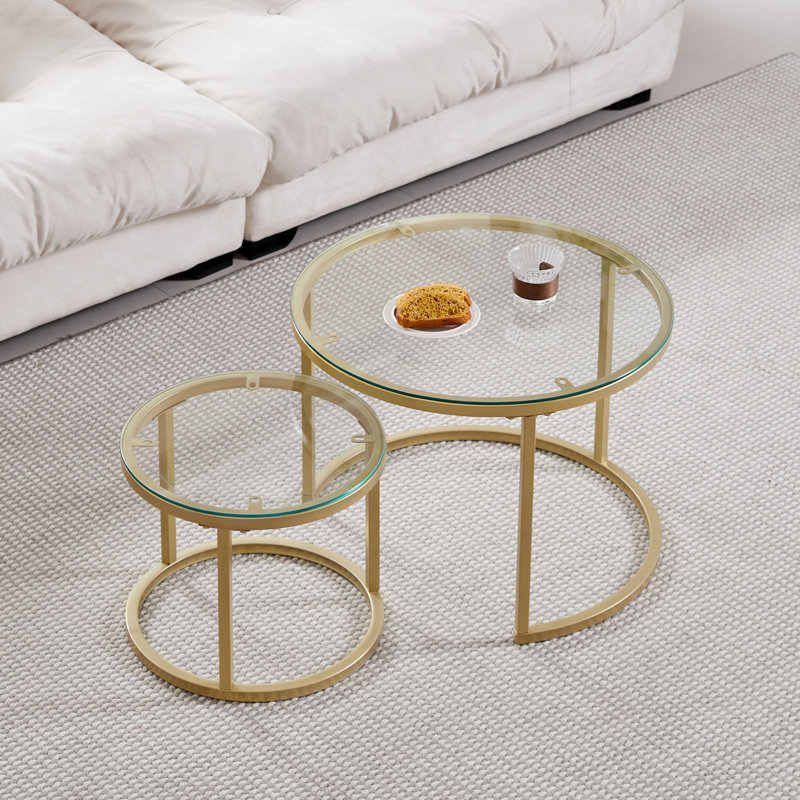 Modern Nesting Side Coffee Tables, Clear Tempered Glass Tops with Golden Metal Circular Frame, 44.5cm H x 60cm L x 60cm W