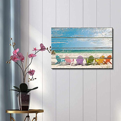«Coastal Beach Colorful Beach Chairs on White Soft Sand», impression sur toile tendue