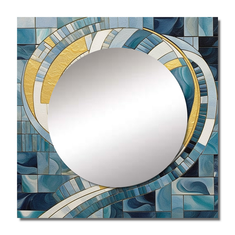 Burdeshaw - Art mural en miroir avec formes abstraites carrées en or bleu pour salle de bain, 23 po x 23 po
