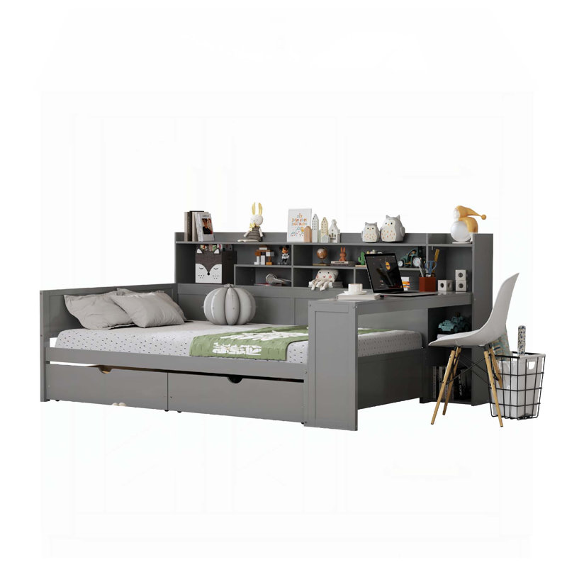 Lit de jour polyvalent en bois avec tablettes de rangement, deux tiroirs et bureau d'étude pour une fonctionnalité et une organisation améliorées de la chambre à coucher