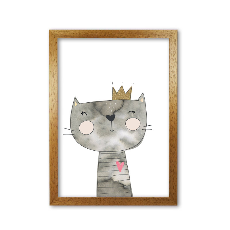 Scandi Grey Cat - Painting, Honey Oak Frame, 42 cm H x 30 cm W x 5 cm D