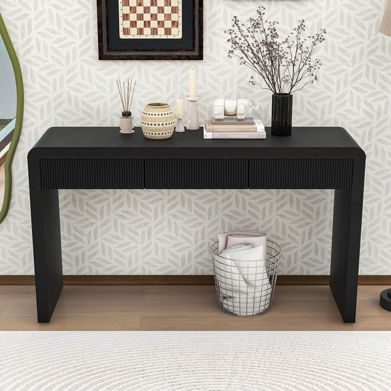 Rustic Minimalist Wooden Console Table with Storage Drawers, Adjustable Feet and Curved Edge Design, Black