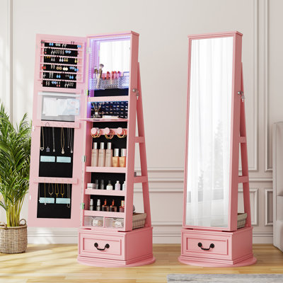 Jewelry Armoire Cabinet With Mirror, Led Lights, Rotating Storage Shelves, And Lockable Design