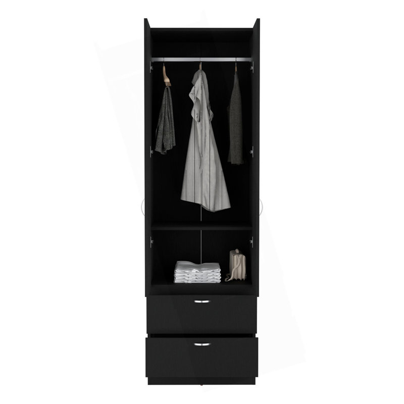 Armoire, porte double, 2 tiroirs, tringle, Noir