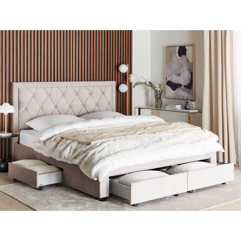 Mansi Upholstered Velvet Drawers Bed, Super King (6') (180x200 cm), Beige
