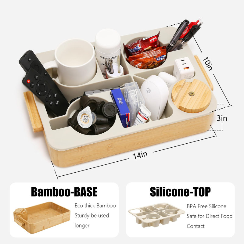 Couch Tray With Removable Silicone Insert, Non-Slip Couch Caddy For Drinks Snacks Remotes, Sofa Tray For Deep Couches, Sectionals & Movie Night With Carry Handle, (Beige)