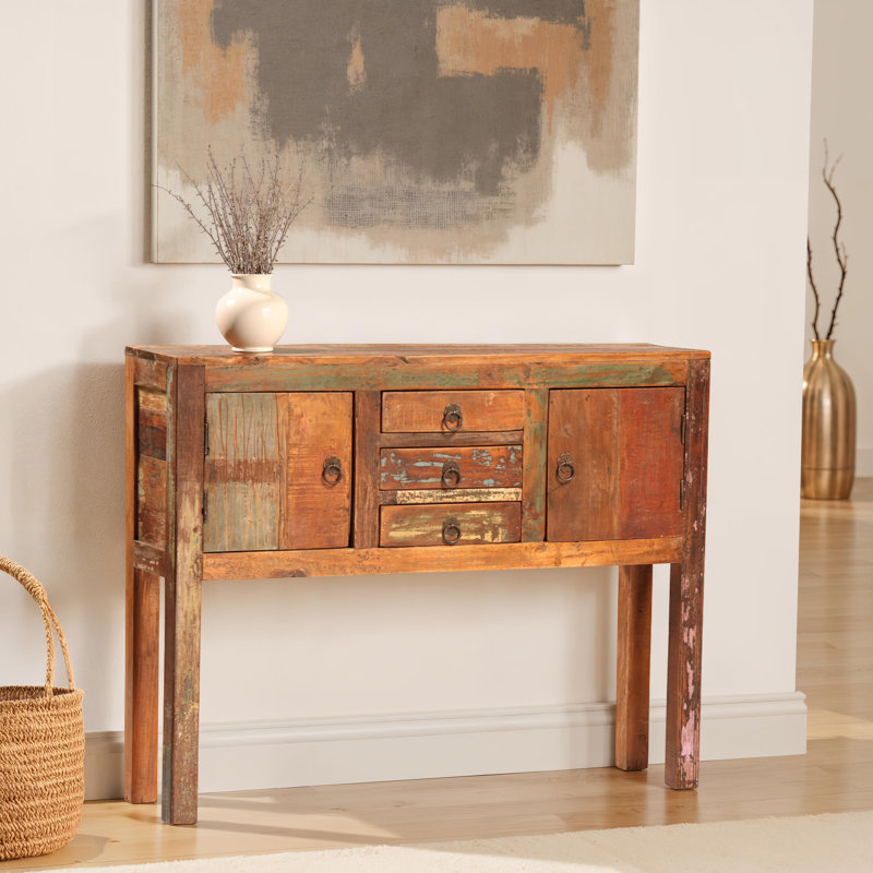 Reclaimed Mango Wood 2-Door Console Table with Drawers, Distressed Multicolor Finish
