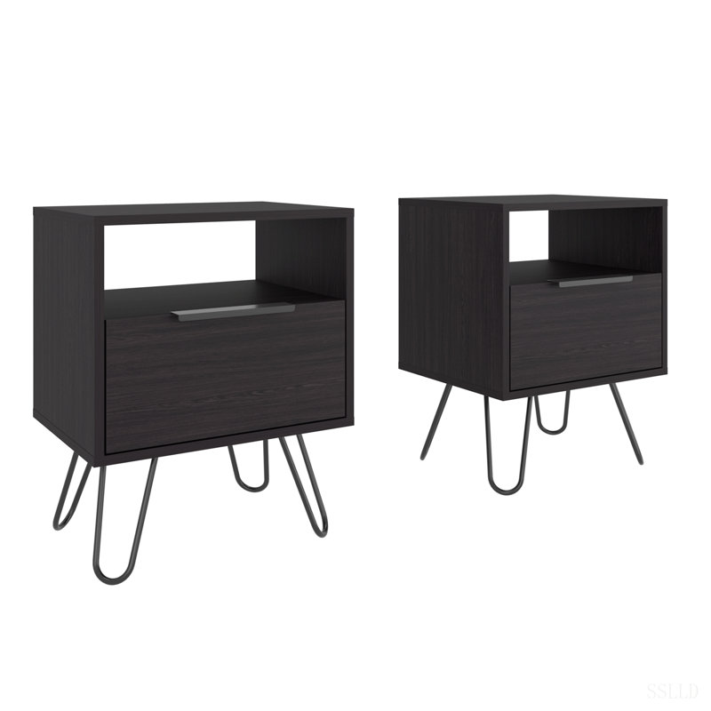 Tables de chevet avec rangement et pieds en métal, ensemble de 2, Wenge