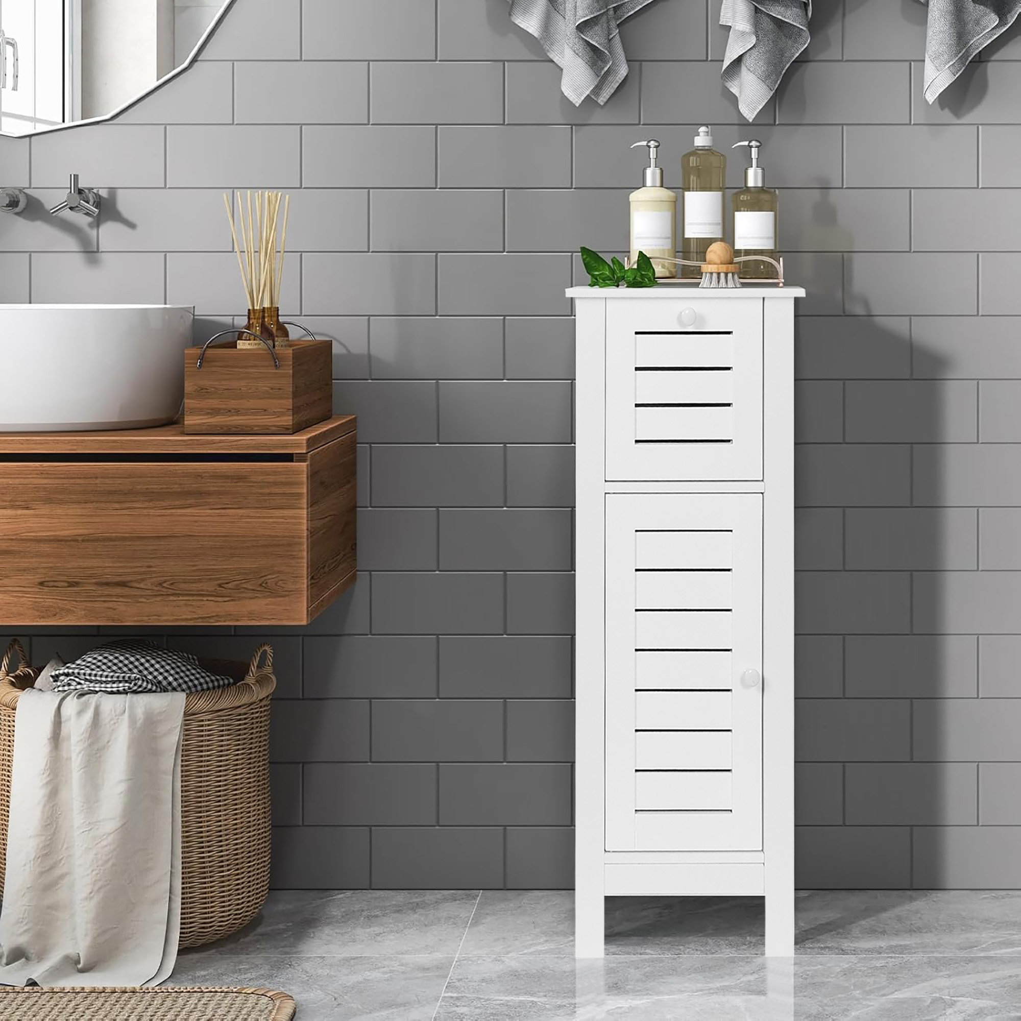 Evideco Compact White Bathroom Storage Cabinet with Drawer and Vented ...