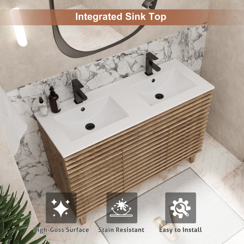 Ensemble de meuble-lavabo autoportant à double cuve avec plateau en résine Marilyse
