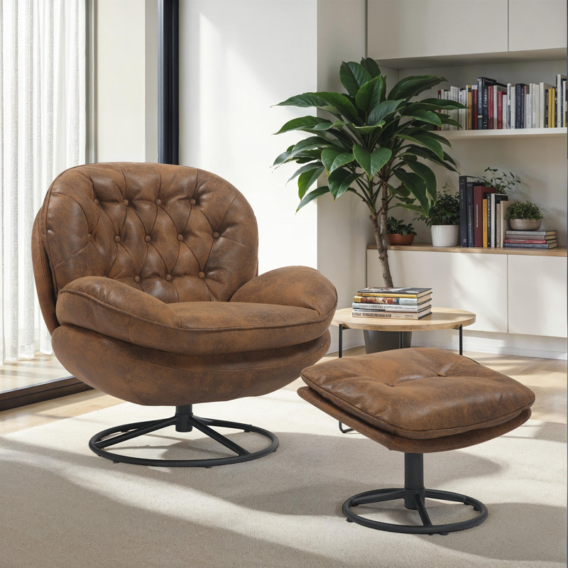 Azura Swivel Accent Chair with Footstool, Brown Suede