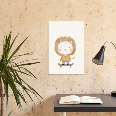 Skateboarding Lion Playful Whimsical Contemporary Lion Wall Art Print 1 Piece Wrapped Canvas Wall Art