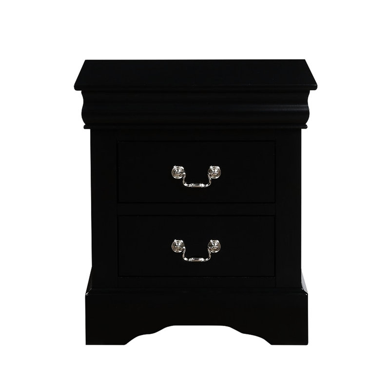 Table de chevet 2 tiroirs en noir pour une élégante décoration de chambre à coucher avec une élégante poignée en métal