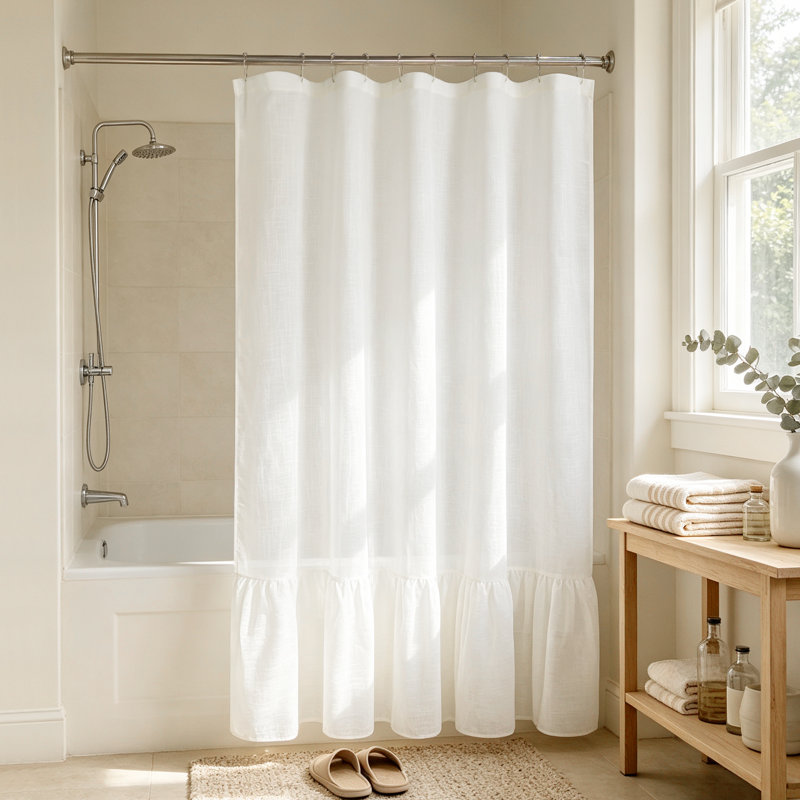 Rideau de douche en mélange de lin avec ourlet à volants, 72" W x 78" L, Blanc