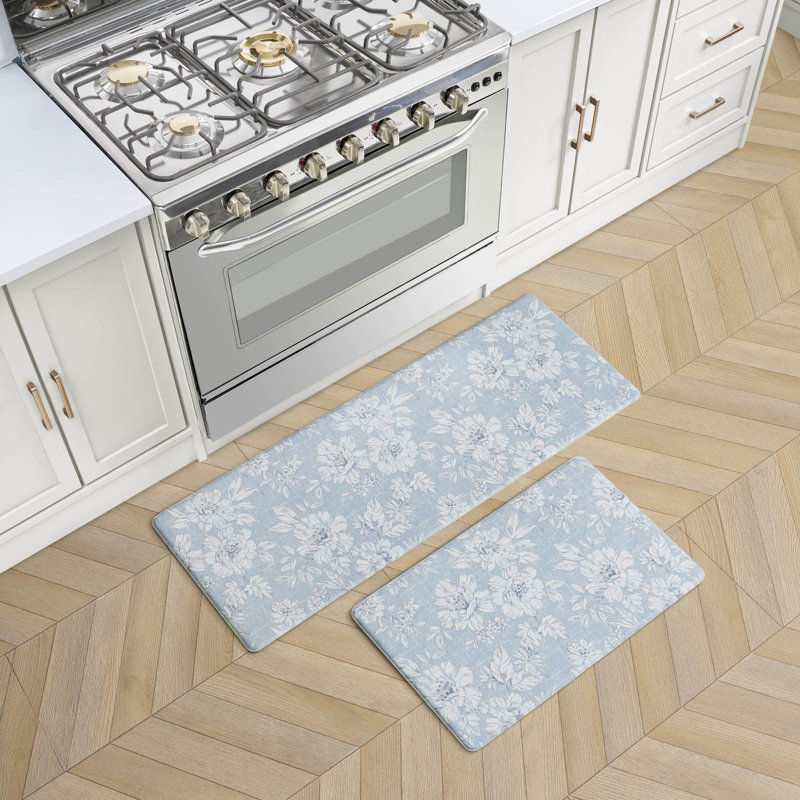 Laura Ashley Iris Comfort Standing 2 Pieces Anti-Fatigue Mats, Light Blue, 17.5" x 48" / 17.5" x 28"