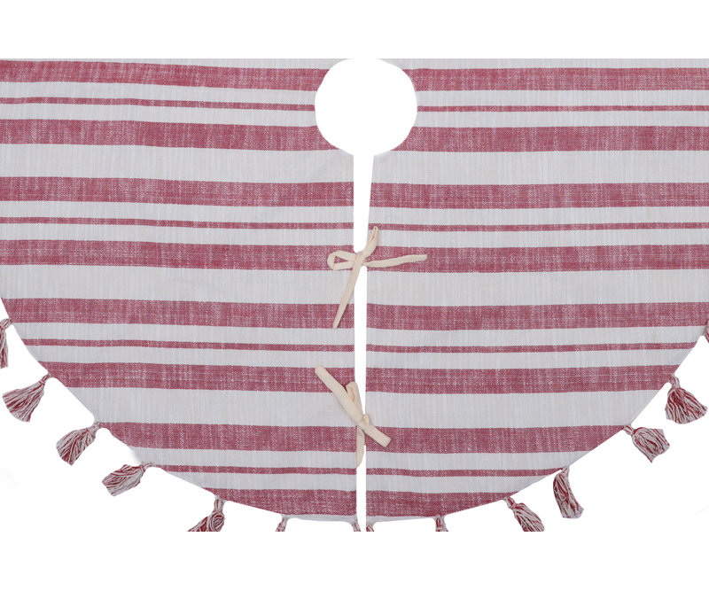 Red and White Striped Cotton Christmas Tree Skirt with Tassels