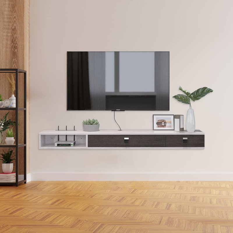 Meuble télé flottant mural avec 2 portes, meuble audio-vidéo compact et minimaliste avec gestion des câbles