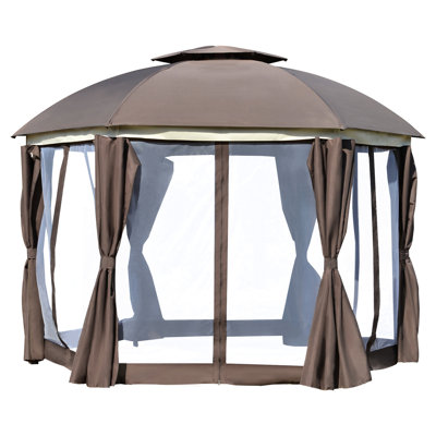 12' X Round Gazebo Canopy - Double Roof, Brown. Steel Frame. For Patio, Poolside, Garden Enjoyment. Mesh Netting Sidewalls, Curtains, Zipper Construction. Pool, Garden. Door