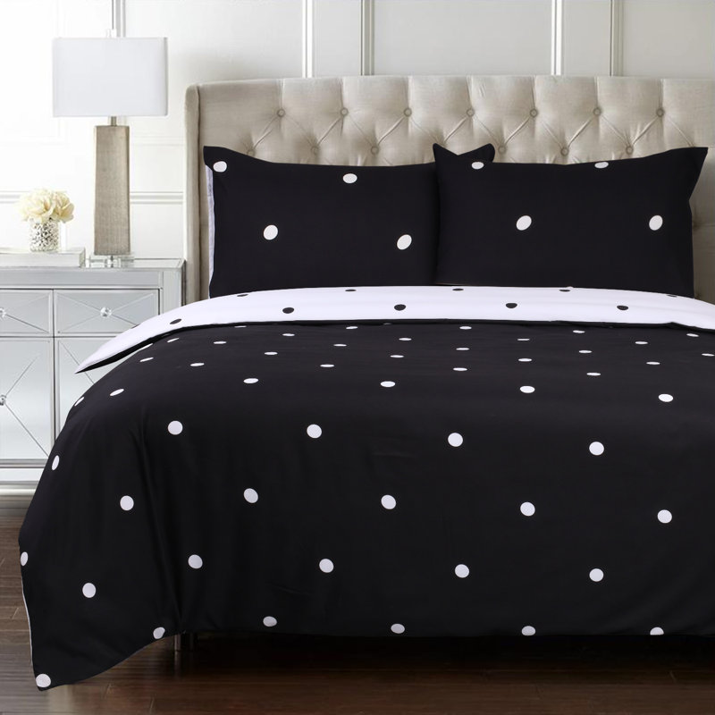 Microfiber Duvet Cover Set Doted With Pillowcases, Black/White, Double Duvet Cover + 2 Pillowcases