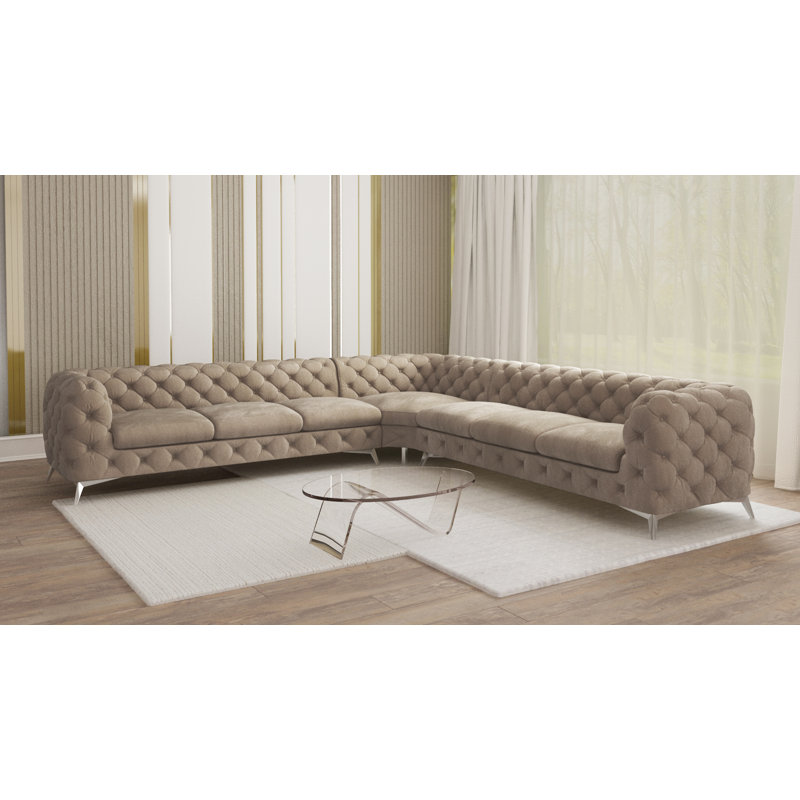 L-shape Corner Chesterfield Sofa  with Silver Metal Legs, Dark Cream