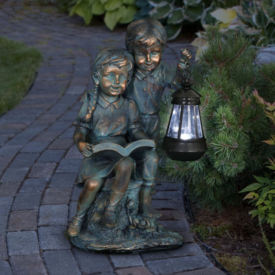 Exhart Solar Antique Innocence Faux Bronze Boy and Girl Statue, 9 by 15 Inches
