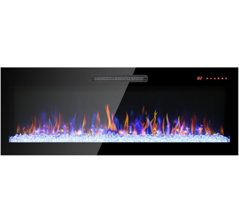 50" Recessed or Wall Mounted Electric Fireplace, Ultra Thin Tempered Glass Front, 16 Adjustable Flame Colors, Crystal Ember Bed, 1400W Heater, Remote Control
