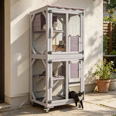 Catio Outdoor Cat Enclosure Mobile Cat House Indoor On Wheels with Scratch Post, Hammock, Resting Box, Platform, Tarp Roof 62.8", Grey