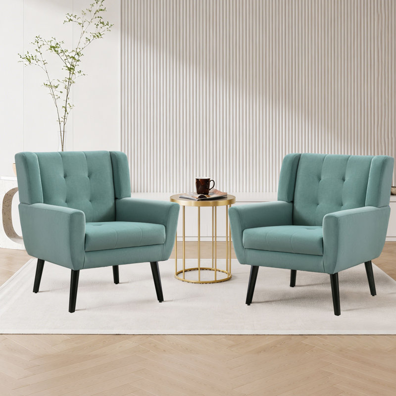 Tufted Upholstered Wide Back Armchair（Set of 2）, Teal Velvet