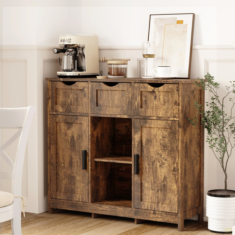 Buffet de 35,4 po de largeur avec 3 tiroirs et 3 tablettes réglables, armoire avec 2 portes, armoire d'appoint, Brun