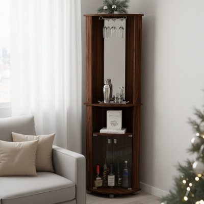 Boahaus Luxurious Corner Bar Cabinet for Living Room with Glass Rack, 2 Glass Doors, Mirrored Wall, Bottles Storage