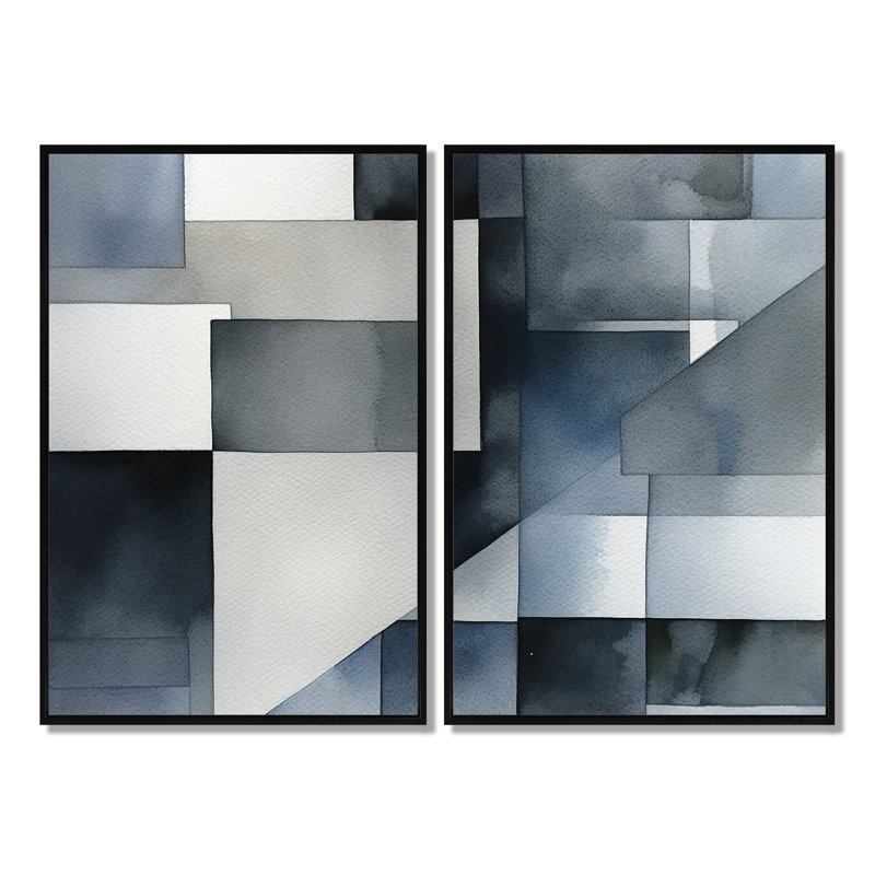 Gris et bleu abstrait zen - art mural moderne gris 2 panneaux, 36" H x 48" W, Impression encadrée flottante, Black