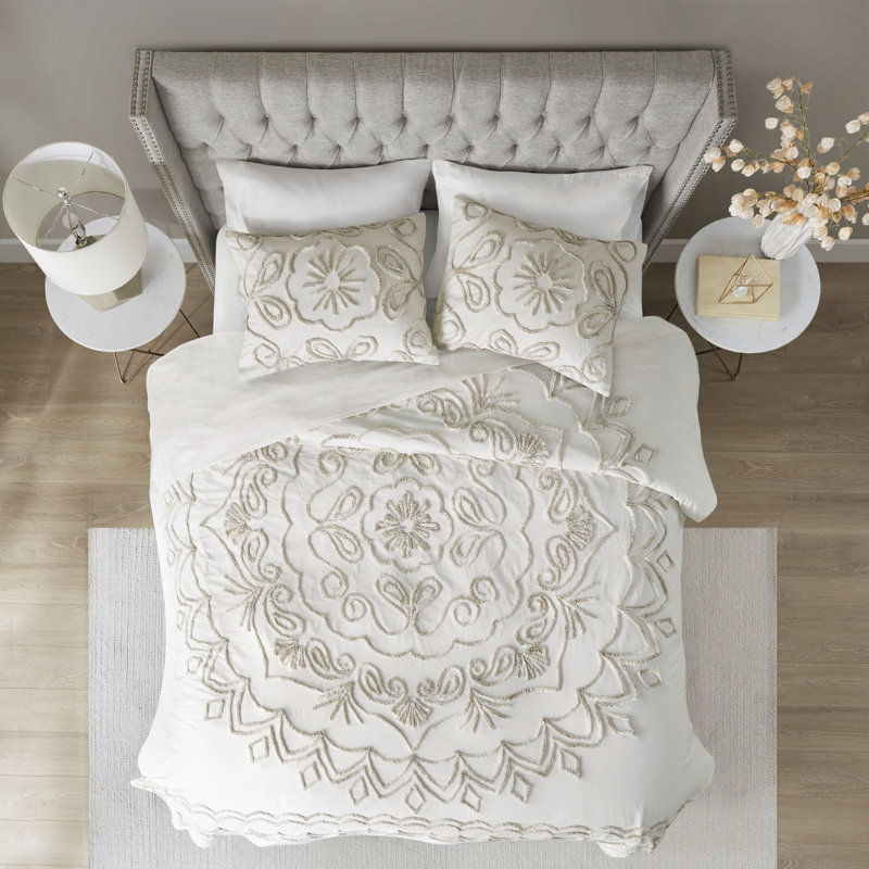 Ivory Full Tufted Cotton Chenille Coverlet Set with Graphic Detail