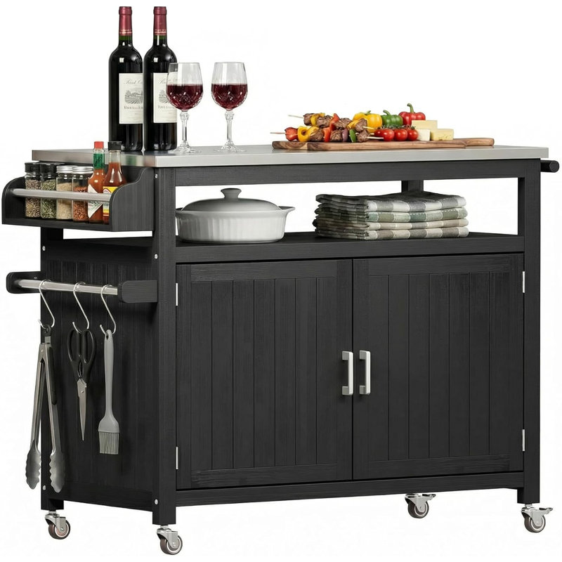 Chariot pour îlot de cuisine 43 po avec plateau en acier inoxydable et roulettes verrouillables, Noir