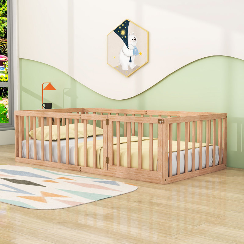 Twin Size Wooden Floor Bed With Door And Circle Of Fences, Natural