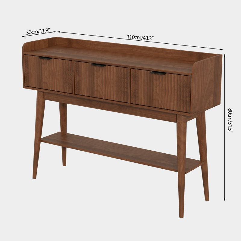 Fluted Console Table With 3 Drawers And Open Storage Shelf, Console Sofa Table For Living Room, Walnut