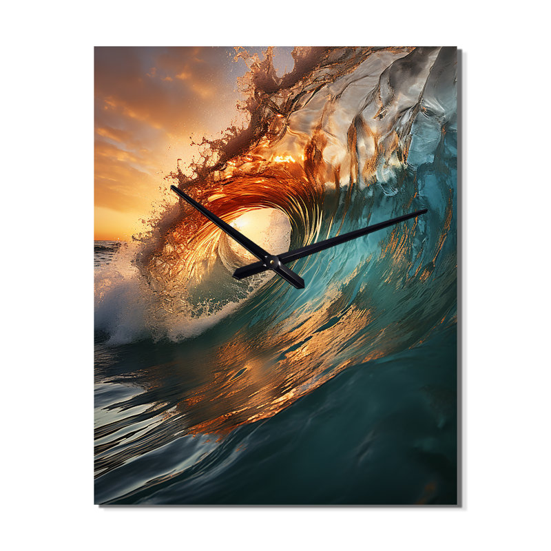 Beach Photo Sunlit Waves X - Horloge murale nautique et de plage, Grand