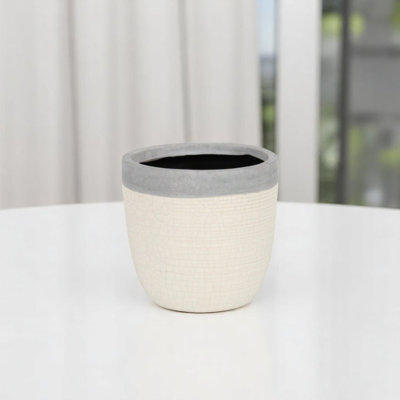 Grey And Ivory Ceramic 41 Ounce Crackle Round Distressed Pot Planter